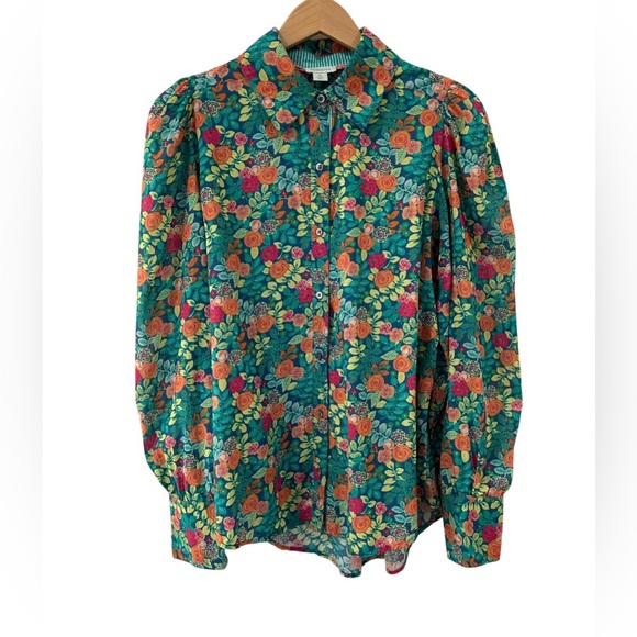 Sundance Tops - Sundance women’s Rosie Vines Puff Sleeve Button Down Blouse M Floral green blue